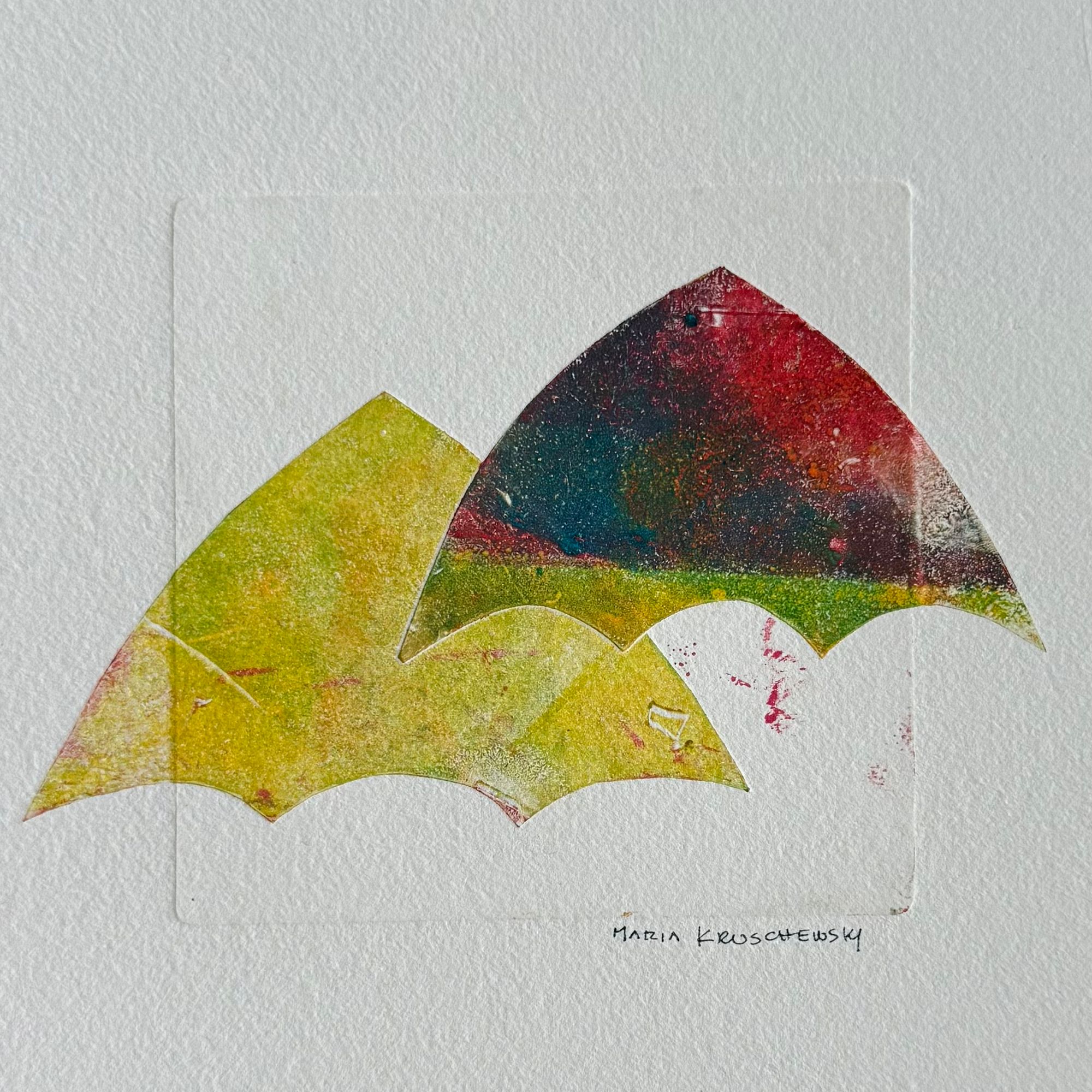 Colored monotype print with layered green and crimson forms by Maria Kruschewsky